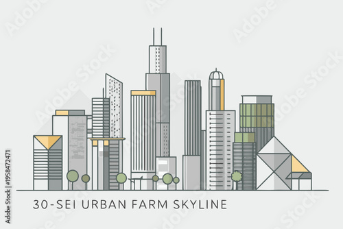 Modern city skyline illustration with minimalist design and geometric shapes