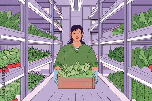 Woman tending to lush vertically farmed greens in a modern indoor setting