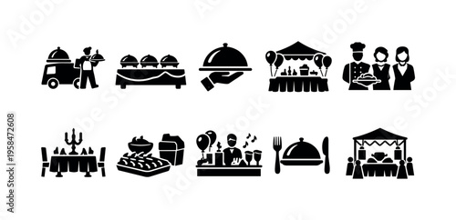 Collection of catering and event service icons representing food delivery and celebration