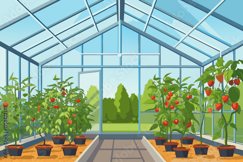 Inside a glass greenhouse with tomato plants and an open doorway