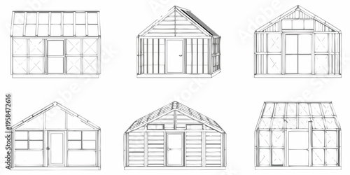 Architectural sketches of gable roofed structures with varying window designs