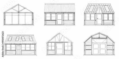 Architectural sketches of various gable roof structures and building designs