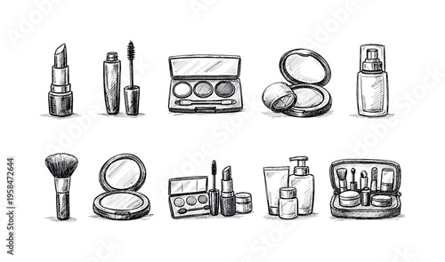 Hand-drawn collection of cosmetic products and makeup essentials in sketch style