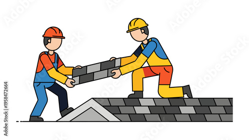 Builders hard at work: Skilled builders collaborating to meticulously lay brick on a rooftop, showcasing their expertise.