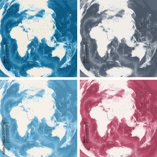 World from Mumbai Bathymetric Ocean Depth Map - Azimuthal Equidistant Projection - Scalable Multi-Color Seafloor Relief Topography with Depth Legend Showing Continental Shelves Mid-Ocean Ridges and