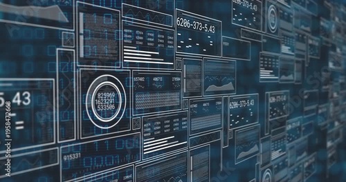Camera sweeping right, data wall populating tiles while gauges updating to visualize live analytics