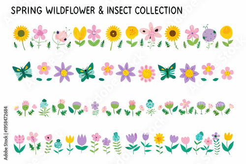 A colorful collection of spring wildflowers butterflies and botanical elements