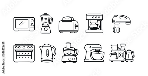 Collection of modern kitchen appliance icons in a clean line art style