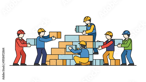 Construction Crew's Collaborative Effort: A construction crew works in harmony, their collective focus shaping the structure brick by brick. A testament to cooperation and the art of creation.