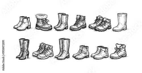 Collection of various boot styles hand-drawn in a sketch art illustration