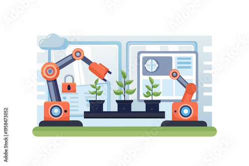 Robotic arms tending to potted plants indoors with digital interfaces