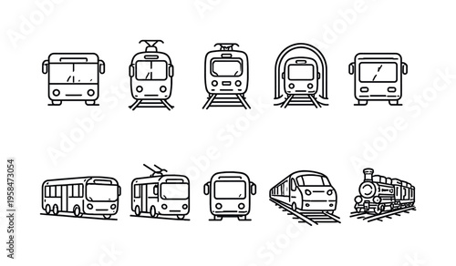 Collection of simple line art icons representing various public transportation vehicles