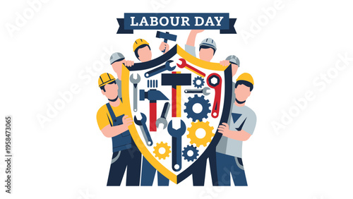 Celebrating Labor Day: A vibrant illustration honoring the hard work and dedication of the workforce, depicting a shield adorned with tools.
