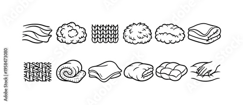 Collection of hand-drawn icons representing different fabric textures and bedding items