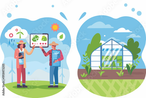 Farmers using technology to monitor crops and a modern greenhouse