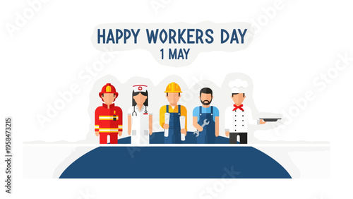 Workers' Day Celebration: A vibrant and uplifting illustration of a group of essential workers, symbolizing the respect and gratitude for their tireless service on Workers' Day.