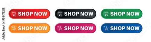 Set of Colorful Shop Now Buttons with Cart Symbol
