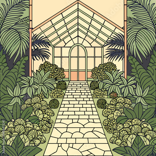 A charming greenhouse scene with a stone pathway and lush greenery