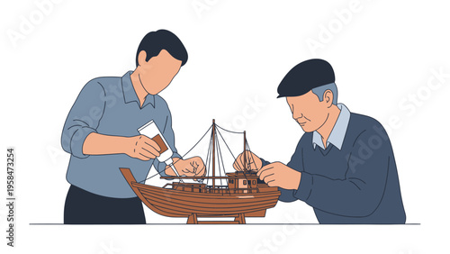 Model Shipwrights at Work: A moment of focused collaboration as two figures meticulously craft a wooden model ship, reflecting the beauty of precision and the joy of creating something from scratch.