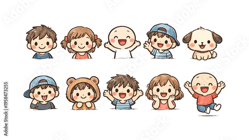 Collection of adorable cartoon children and a puppy in various playful poses