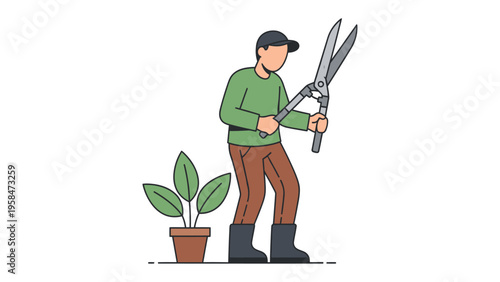 Gardener Trimming Plant: A gardener stands next to a potted plant, wielding large shears, ready to trim and nurture the greenery.