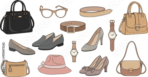 Fashion Accessories Collection Featuring Handbags, Shoes, Watches, Sunglasses, and Belts for Style, Fashion, and Outfit Design Projects