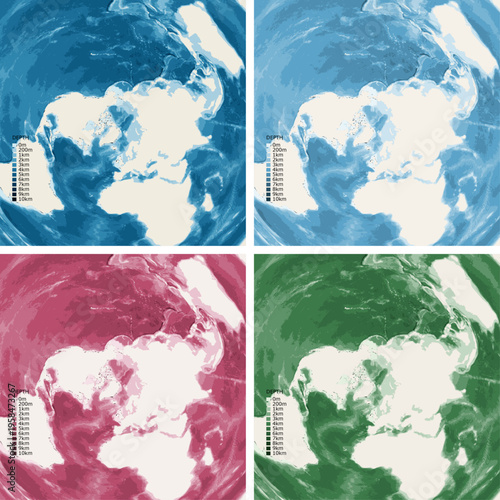 World from North Pole Bathymetric Ocean Depth Map - Azimuthal Equidistant Projection - Scalable Multi-Color Seafloor Relief Topography with Depth Legend Showing Continental Shelves Mid-Ocean Ridges
