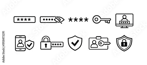 Collection of security and login icons including passwords, locks, and keys