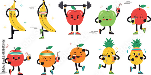 Active Fruit Collection Featuring Banana, Apple, Pineapple, and Orange Characters with Workout Gear and Refreshing Drinks for Health and Fitness Designs