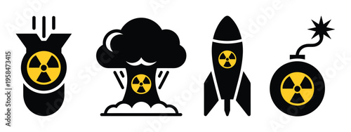 Nuclear icon set, bomb and missile symbol, war weapon icon collection, atomic energy and military threat indicators, hazardous technology symbols, modern vector illustration set for defense and 
