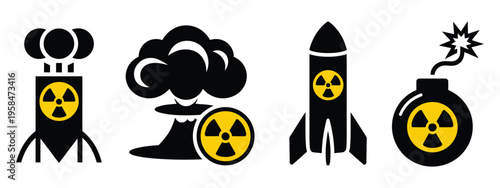 Nuclear icon set featuring bomb and missile symbols, war weapon icon collection, atomic energy and hazardous warning indicators, military defense concept elements, modern flat vector illustration set 