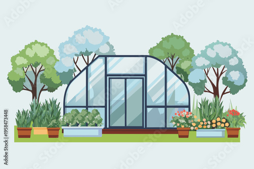A charming greenhouse stands amongst lush greenery and blossoming flowers
