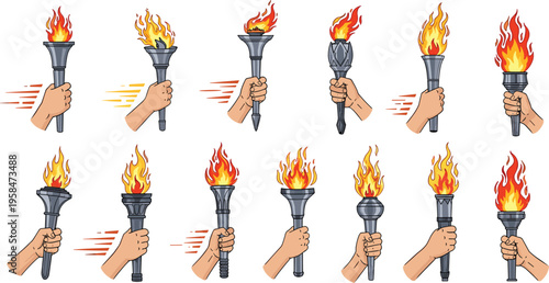 Flaming Torch Collection Featuring Hand-Held Torches with Dynamic Flames for Olympic, Achievement, and Victory Designs