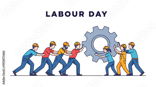 Labour Day: A collective of industrious individuals collaborates to move a significant cogwheel, symbolizing the collective effort and contributions of laborers, with Labour Day inscribed at the top.