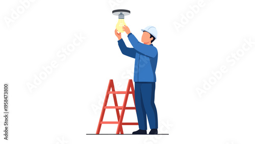 Illumination Installation: An electrician, equipped with a safety helmet, skillfully replaces a lightbulb, utilizing a ladder to reach the fixture in this illustration.