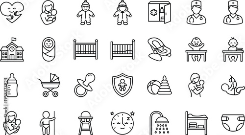 Baby care line icon set mother child crib stroller bottle pacifier toys medical safety parenting symbols isolated background