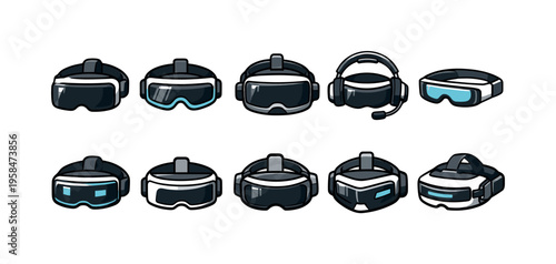 Collection of diverse virtual reality headsets and goggles in a clean, modern illustration style