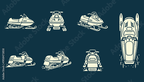 Snowmobile icon set featuring multiple perspectives on orange background