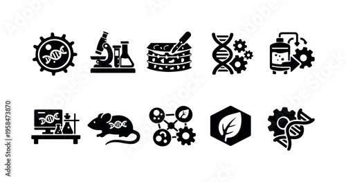 Biotechnology and genetic research icons including DNA, microscope, and lab equipment