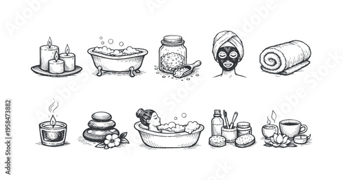 Collection of hand-drawn spa and relaxation elements for a serene self-care experience