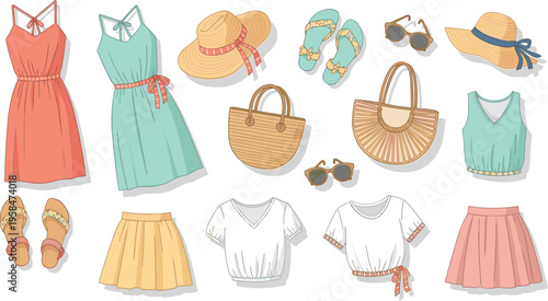 Summer Fashion Collection Featuring Dresses, Sunglasses, Hats, and Accessories for Beach, Vacation, and Casual Outfit Designs