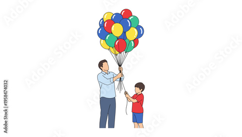 Balloons of Joy: A heartwarming scene unfolds as a father and son share a bundle of colorful balloons, symbolizing happiness and the beauty of simple moments.