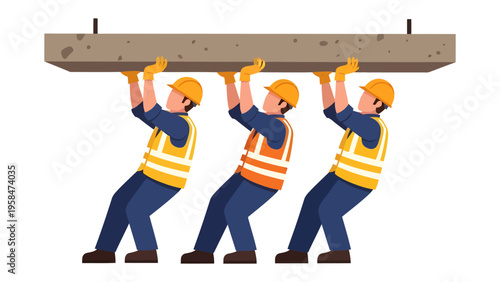 Collaborative Construction: A team of construction workers, united in purpose, strains together to lift a heavy concrete beam, showcasing the power of teamwork and the essence of building.