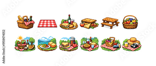 Pixel art collection of picnic scenes and items for outdoor leisure