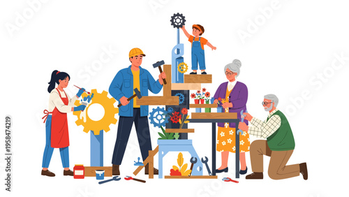 Constructing Community: A collaborative illustration of a multigenerational group working together on a construction project, symbolizing unity and shared endeavor.