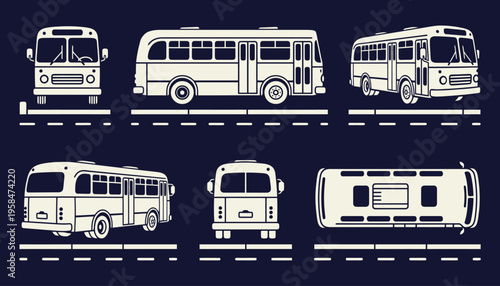 Set of vintage bus illustrations showing multiple view angles on orange background