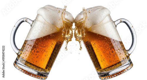 Two glass beer mugs clinking in a toast with a dramatic splash of golden lager frozen in mid-air on a white background, concept for beverage advertising