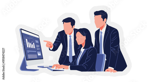 Data Analysis Collaboration: A focused team of business professionals gathers around a computer, their attention riveted on the data displayed on the screen.