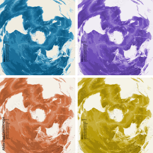 World from South Pole Bathymetric Ocean Depth Map - Azimuthal Equidistant Projection - Scalable Multi-Color Seafloor Relief Topography with Depth Legend Showing Continental Shelves Mid-Ocean Ridges