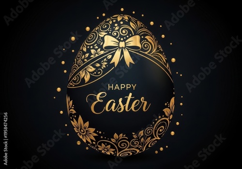 An elegant black and gold easter egg illustration featuring ornate floral patterns and a cute bow